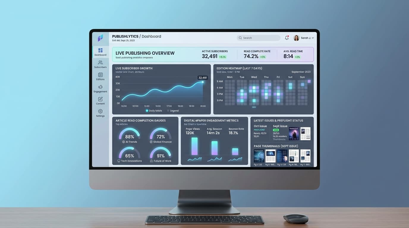PageMint live publishing analytics dashboard showing subscriber growth, edition heatmaps, page dwell times, and preflight status