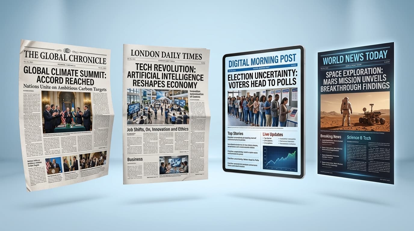 Panoramic showcase of PageMint newspaper layouts floating across broadsheet, tabloid, and digital tablet formats