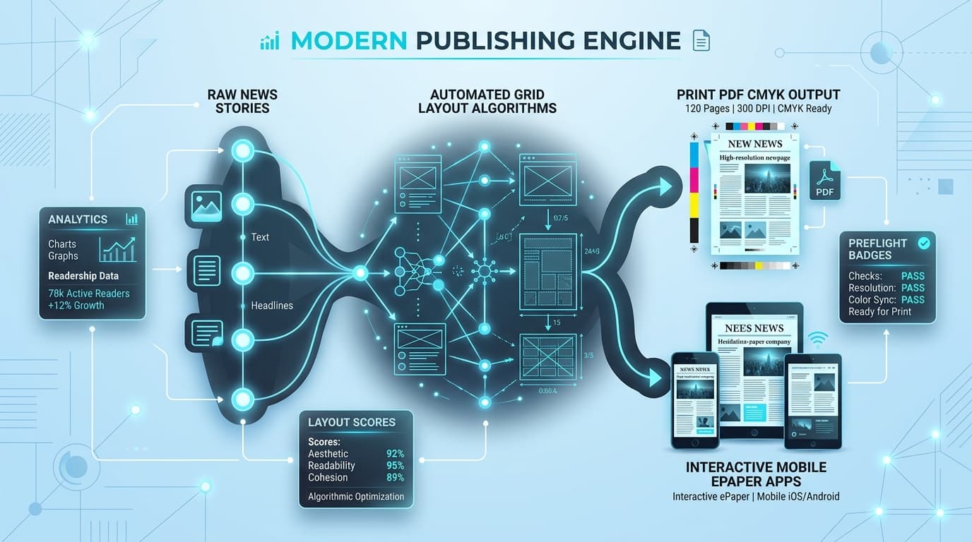 PageMint modern publishing engine pipeline showing raw news stories transforming into automated grid layouts, print PDF, and interactive mobile apps