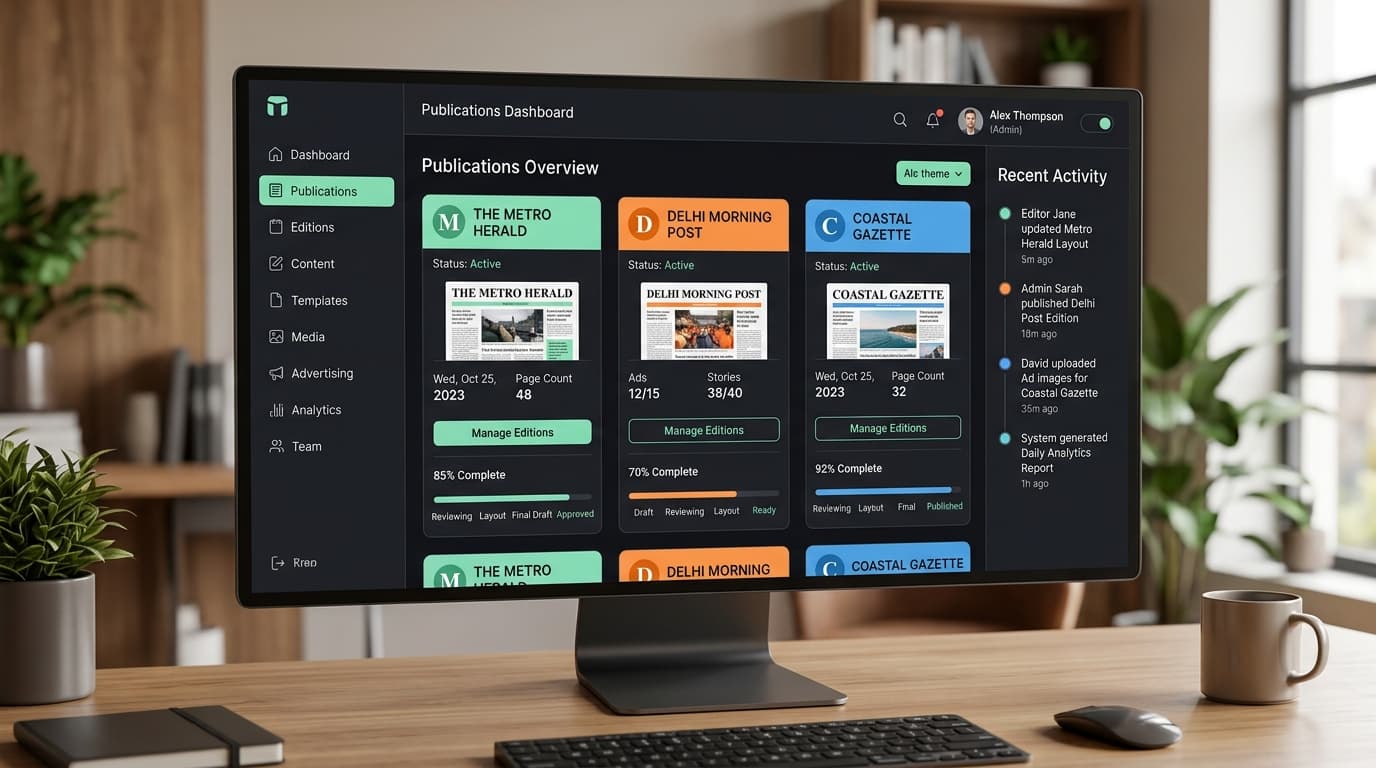 PageMint Publisher Portal dashboard showing active newspaper publications, edition progress and publishing controls