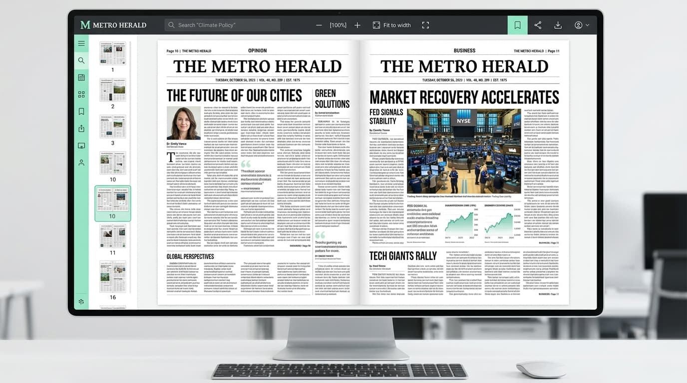 PageMint digital edition reader showing 2-page newspaper spread and navigation controls