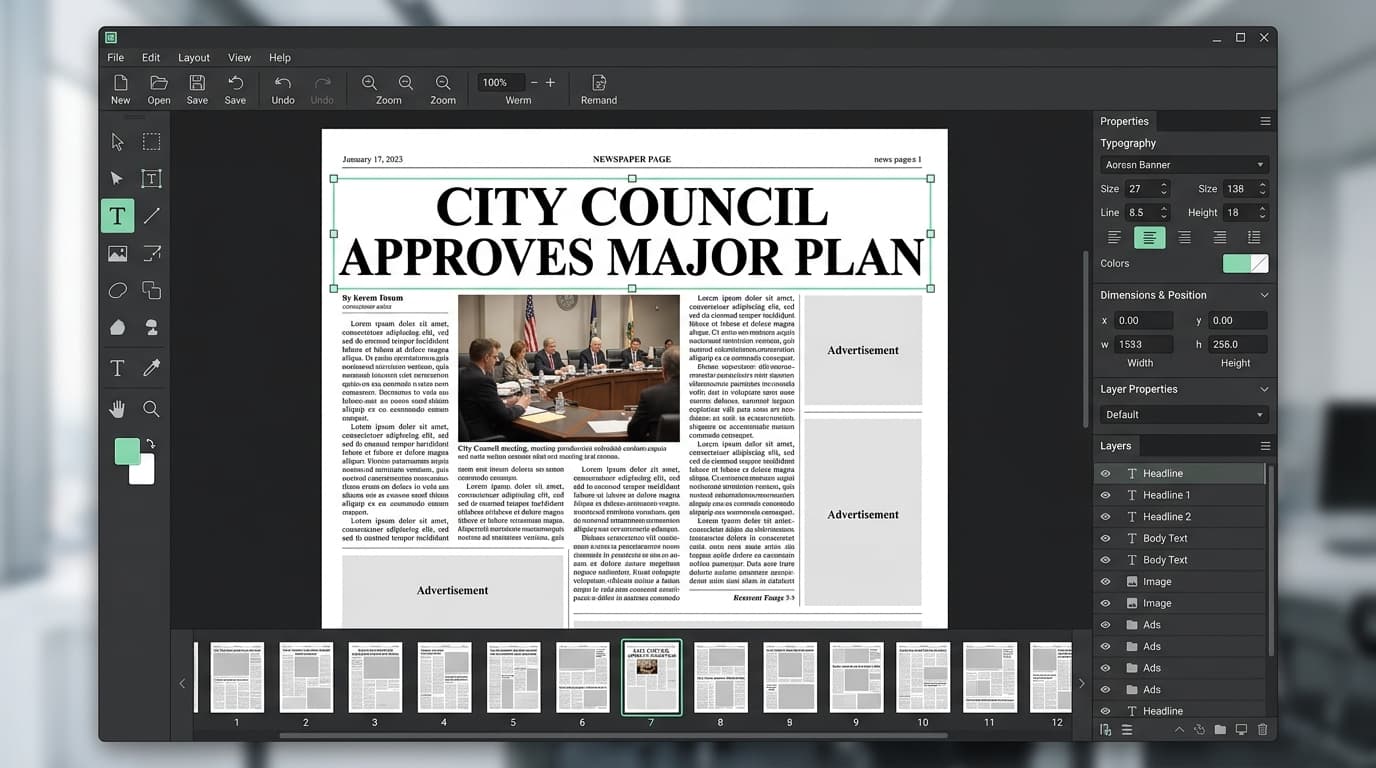 PageMint Studio editor canvas showing full newspaper page design interface with tools, columns and layer panel