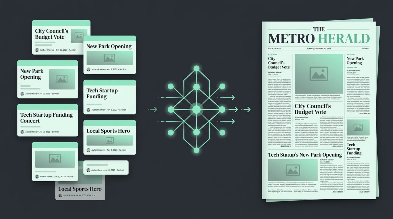 PageMint Automatic Newspaper Maker interface showing AI layout generation